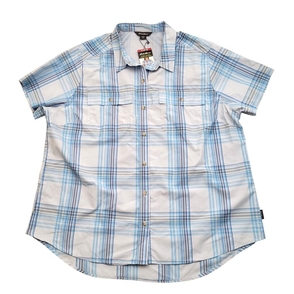 NEW Eddie Bauer Short Sleeve Adventure Shirt XL Blue Plaid Utility UPF 50 Gorp